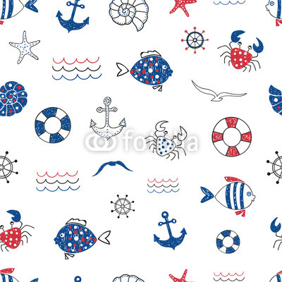 Cute marine life doodle seamless pattern. Vector sea background with fish, crab, starfifh, anchor, seagull. Suitable for wallpaper, wrapping paper, web page background, summer  cards design.