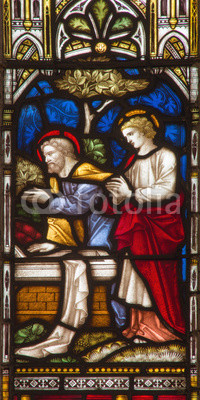 ROME, ITALY - MARCH 9. 2016: The Visit of Peter and John to the Empty Tomb  on the stained glass of All Saints' Anglican Church by workroom Clayton and Hall (19. cent.)