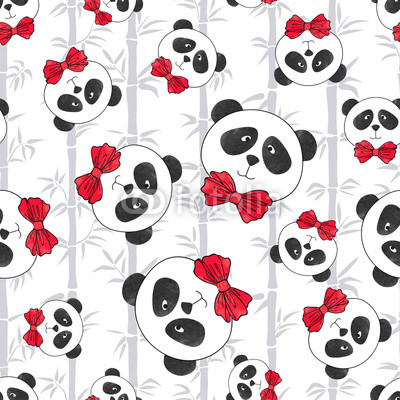 Seamless pattern with panda and bamboo. Vector illustration with cute cartoon watercolor bears.