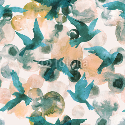 Abstract watercolor circles and flying birds seamless pattern