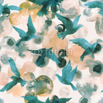 Fototapety Abstract watercolor circles and flying birds seamless pattern