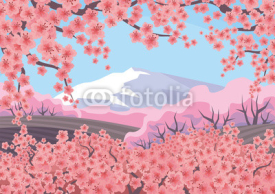 Obrazy i plakaty Beautiful spring landscape with the blossoming Oriental cherry. Vector background.