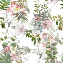 Fototapety Watercolor painting of leaf and flowers, seamless pattern on white background