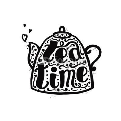 Tea time black ink handwritten lettering in teapot with hearts. Perfect for your design! Part one.
