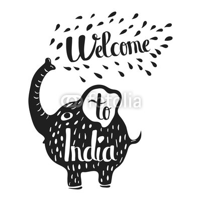 Hand drawn lettering typography poster. Welcome to India travel quote. Isolated silhouette of an elephant on a white background. Vector