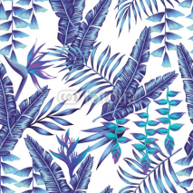 Fototapety blue tropical flowers and palm leaves seamless background