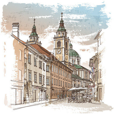 Vector drawing of central street of old european town