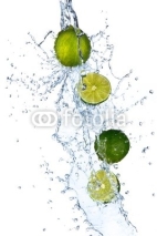 Naklejki Fresh limes with water splash, isolated on white background