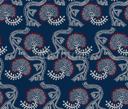 Fototapety Seamless floral pattern, traditional block printed ornament, handmade Russian motif with ecru and red flowers on navy blue background. Textile print.