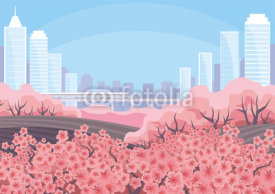 Obrazy i plakaty Beautiful spring city landscape with the blossoming Oriental cherry and skyscrapers. Vector background.