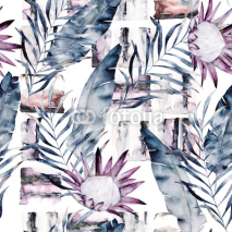 Fototapety Abstract print with marble random elements and watercolor leaves, flowers. Exotic pattern in retro style. Hand drawn illustration