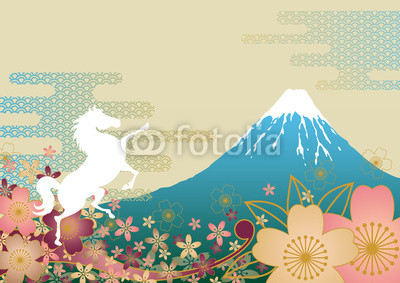 白馬と富士山と桜馬