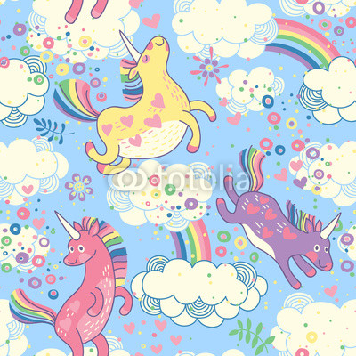 Cute seamless pattern with rainbow unicorns in the clouds