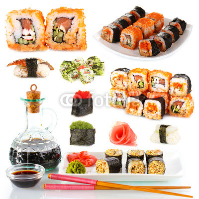 Tasty sushi collage isolated on white