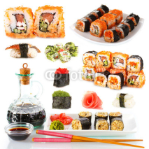 Fototapety Tasty sushi collage isolated on white