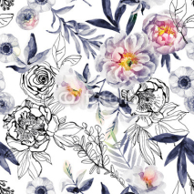 Fototapety Watercolor and ink doodle flowers, leaves, weeds seamless pattern.