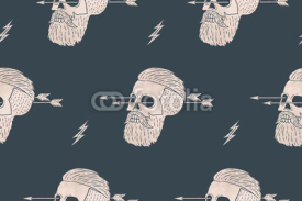 Naklejki Seamless pattern background of vintage skull hipster with arrow. Graphic design for wrapping paper and fabric texture of shirt. Vector Illustration