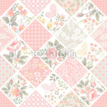 seamless patchwork pattern with roses and butterflies in pastel color