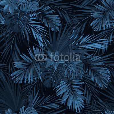 Dark tropical background with jungle plants. Vector seamless tropical pattern with indigo blue phoenix palm leaves.