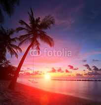 Fototapety View of a beach with palm trees and swing at sunset, Maldives