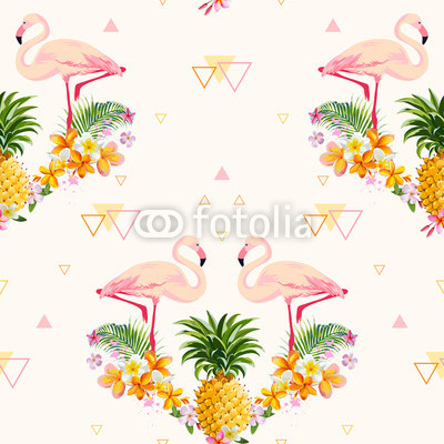 Geometric Pineapple and Flamingo Background - Seamless Pattern