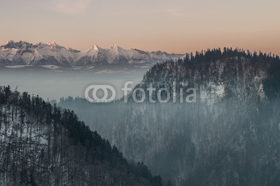 Beautiful winter panorama from Pieniny to snowy Tatra mountains in the morning, Poland