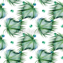 Fototapety Seamless watercolor illustration of tropical leaves, dense jungle. Hand painted. Banner with tropic summertime motif may be used as background texture, wrapping paper, textile or wallpaper design.