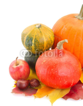 Naklejki raw pumpkins and fall leaves