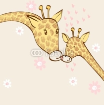 Obrazy i plakaty baby giraffe and mom. Hand drawn illustration.