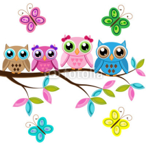 Fototapety Four owls on a branch with butterflies