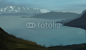 grey lake in mountains illustration