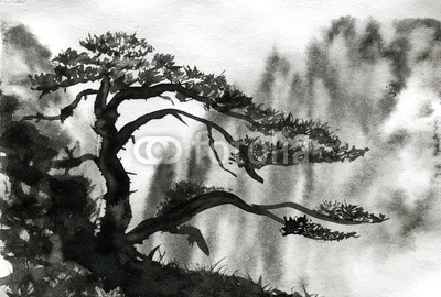Mountains in the fog, a lonely pine. Watercolor painting. Monochrome