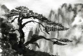 Fototapety Mountains in the fog, a lonely pine. Watercolor painting. Monochrome
