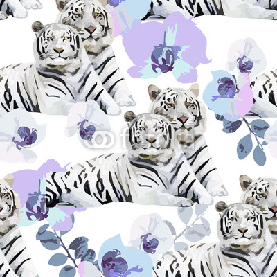a pair of white tigers and flowers
