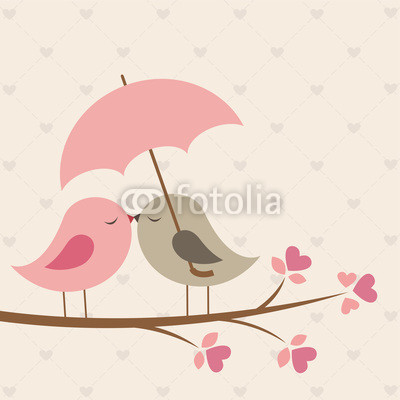 Birds under umbrella. Romantic card