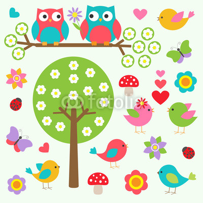 Birds and owls in spring forest. Vector set