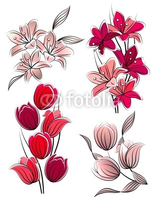 Set of stylized flowers: tulips and lilies
