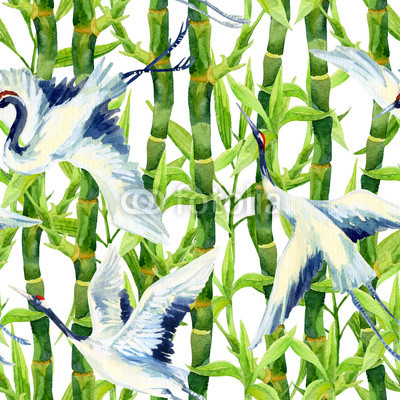 Watercolor asian crane bird seamless pattern