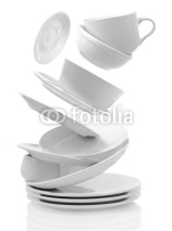 Fototapety Clean empty plates and cups isolated on white