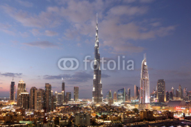Naklejki Burj Khalifa and Dubai Downtown at dusk. United Arab Emirates