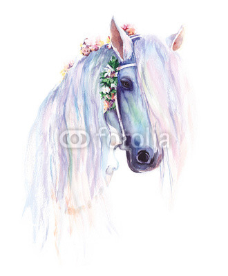The blue horse with flowers in the mane. Original watercolor painting.