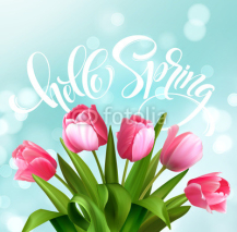 Hello Spring hand Lettering with tulip flower. Vector illustration