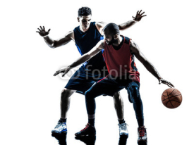 Naklejki caucasian and african basketball players man silhouette
