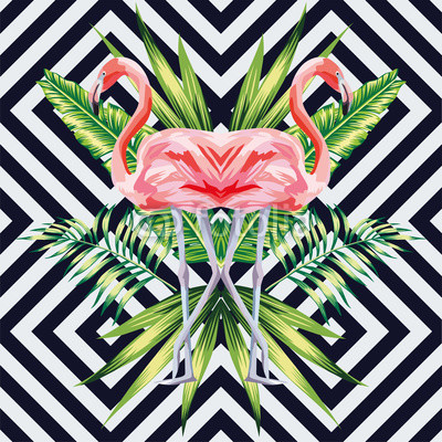 pink flamingo with tropical banana leaves mirror style