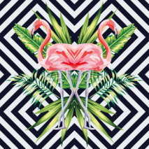 Fototapety pink flamingo with tropical banana leaves mirror style