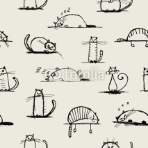 Naklejki Funny cats sketch, seamless pattern for your design