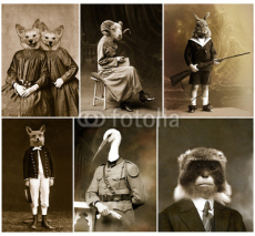 Fototapety Zabawny rodzinny portret z głowami zwierząt w stylu vintage