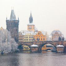 Fototapety snow Charles bridge in Prague