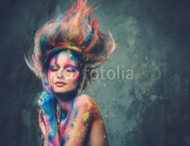 Naklejki Young woman muse with creative body art and hairdo