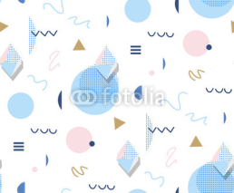 Fototapety Retro Memphis  80s or 90s style fashion abstract background seamless pattern. Golden triangles, circles, lines. Good for design textile fabric, wrapping paper and wallpaper on the site. 